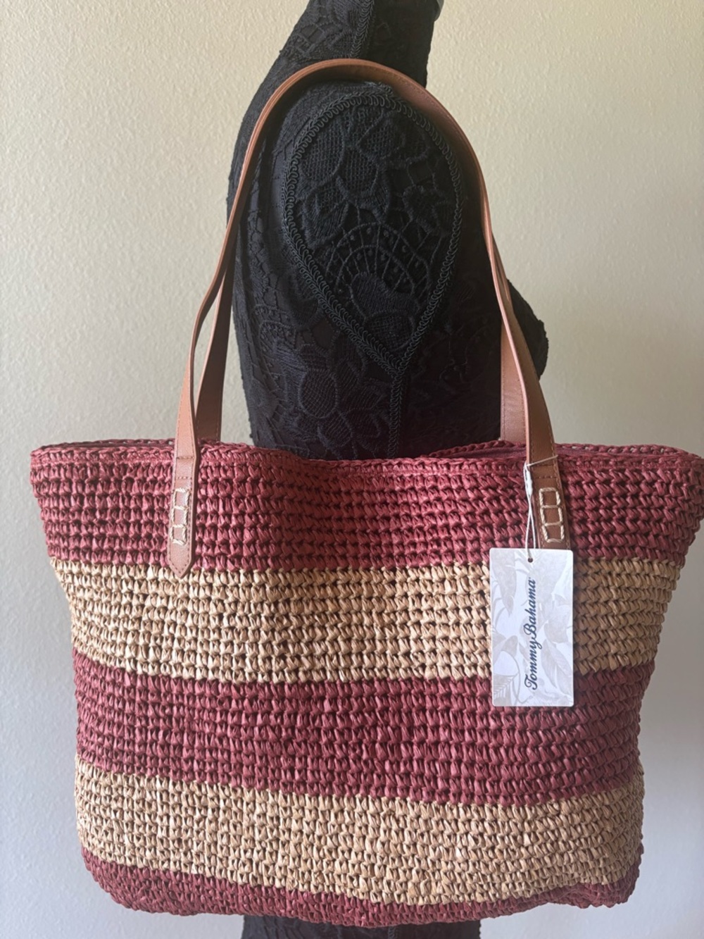 Tommy Bahama Burgundy and Natural Striped Woven Tote